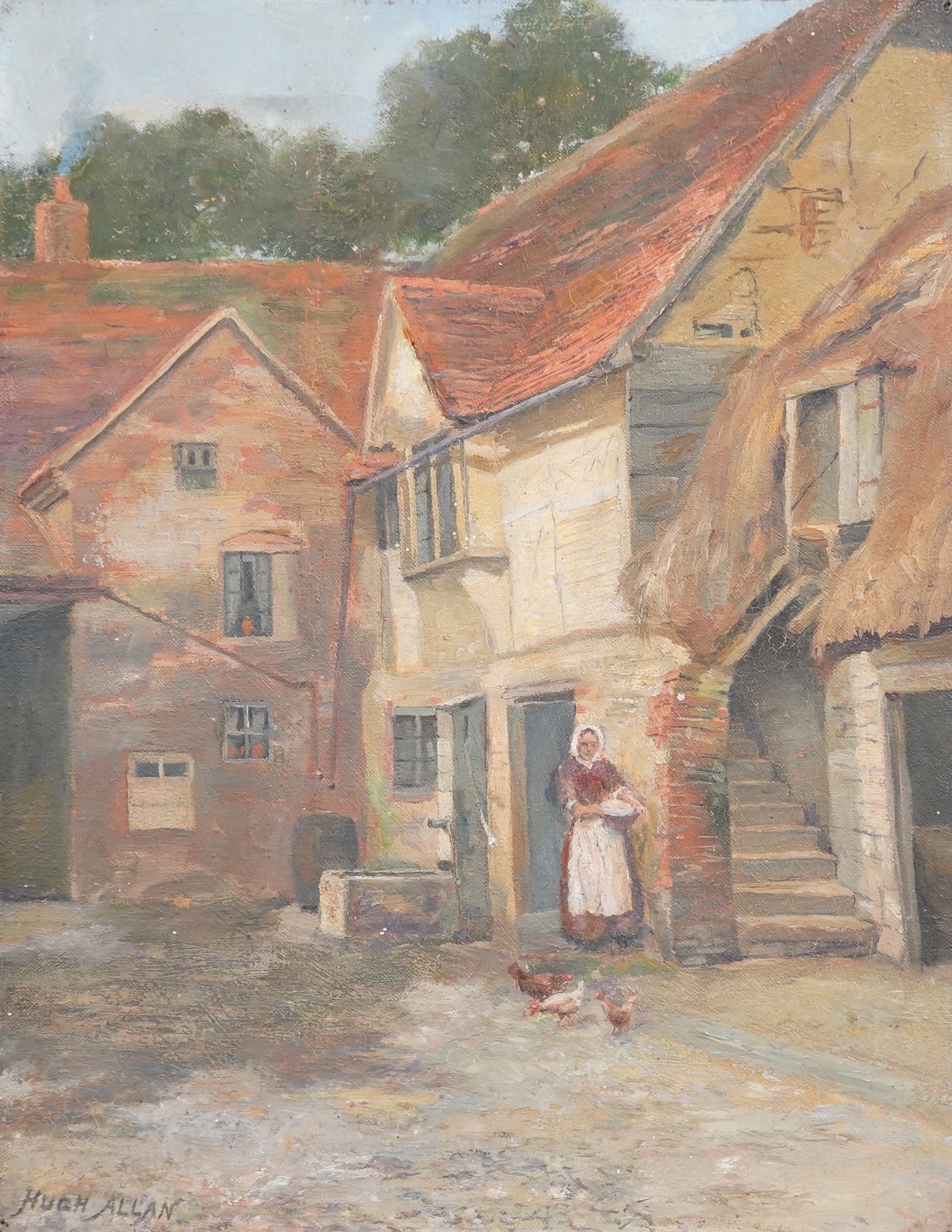 Hugh Allan (Scottish, 1862-1909), Study of a woman and chickens before cottages, signed, oil on canvas, unframed, 46 x 35cm